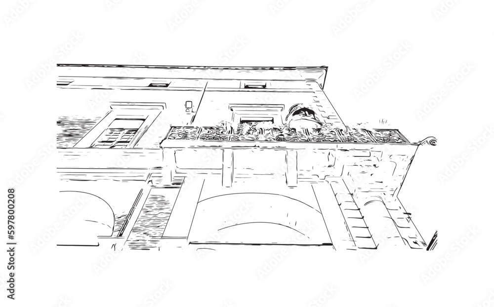 Obraz premium Building view with landmark of Rimini is the city in Italy. Hand drawn sketch illustration in vector.