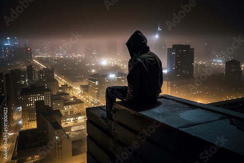 Man in hoodie sitting on the rooftop at night. City view. Digitally generated ai image. Not an actual real person