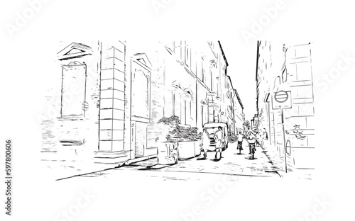 Building view with landmark of Rimini is the city in Italy. Hand drawn sketch illustration in vector.