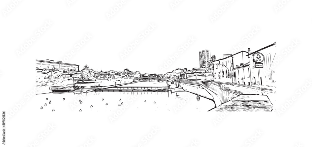 Building view with landmark of Rimini is the city in Italy. Hand drawn sketch illustration in vector.