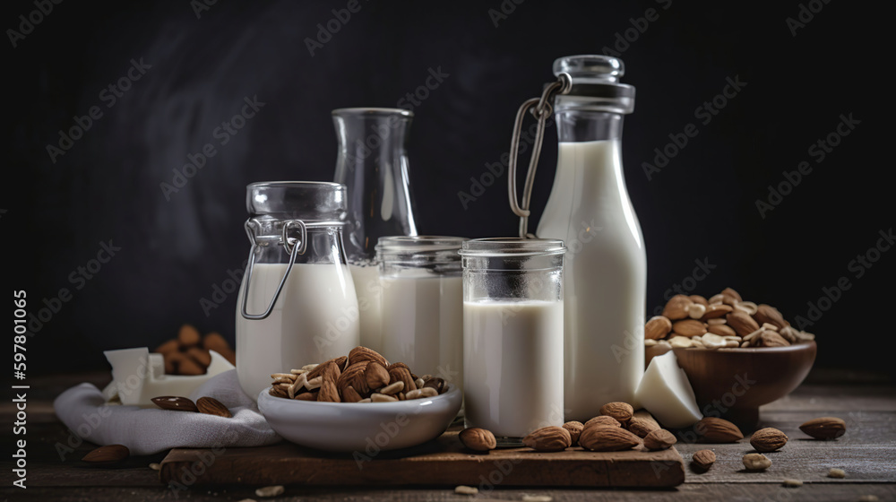 Vegan plant based milk, dairy free, lactose free milk, substitute drink, healthy cleen eating, generative ai Vegan plant based milk, dairy free, lactose free milk, substitute drink, healthy cleen eating, generative ai