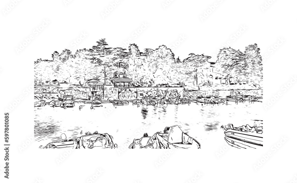Building view with landmark of Rimini is the city in Italy. Hand drawn sketch illustration in vector.