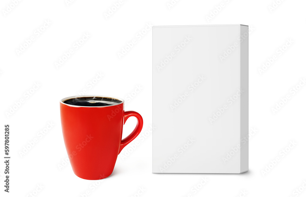 Cardboard box and red coffee mug mockup isolated on gray 3d background PNG transparent Cardboard box and red coffee mug mockup isolated on gray 3d background PNG transparent