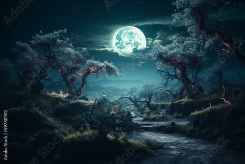 Magical nocturnal landscape with cosmic trees and enchanting moonlight, evocative of faerie fantasy and mysterious universe. Generative AI © Fleur