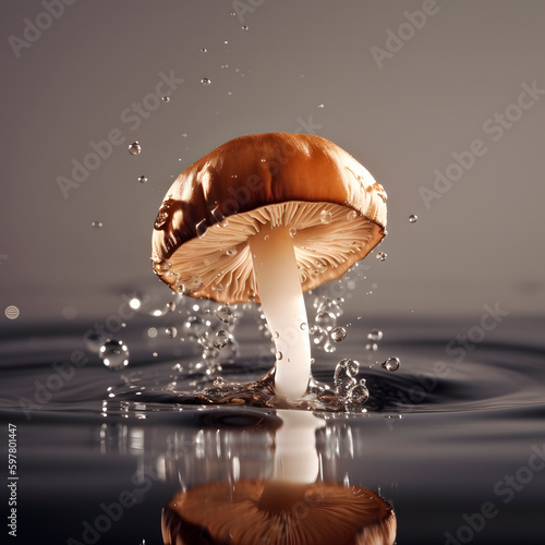 Fresh champignon mushrooms isolated on water created with Generative AI technology.