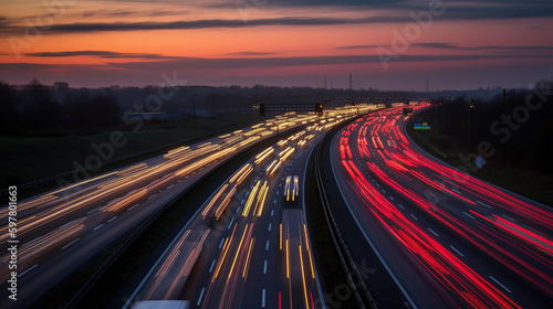 Long exposure photo of traffic on the move at dusk on motorway, generative ai