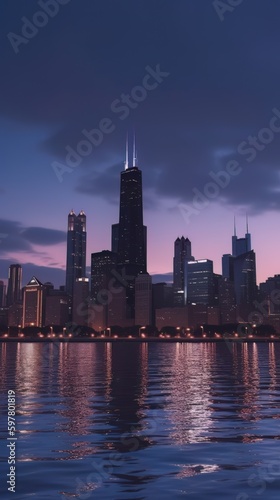 Cityscape of chicago at dusk with lights from the skyline. Generative AI © Natee Meepian