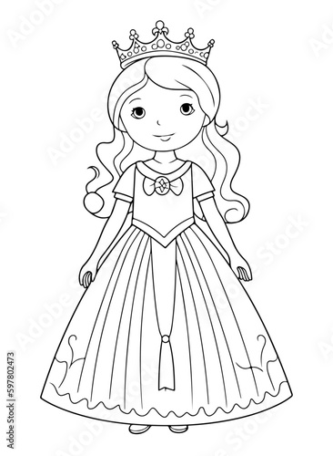 Princess vector coloring book black and white for adults isolated line art on white background.