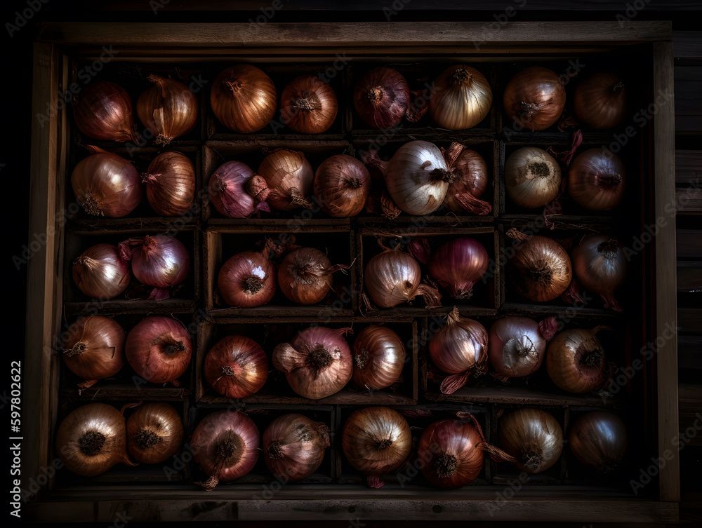 harvest of shallots in a wooden basket. Ai Generated harvest of shallots in a wooden basket. Ai Generated