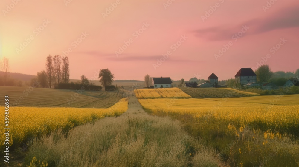 Fototapeta premium Beautiful local farm with sunset in the countryside field. Generative AI