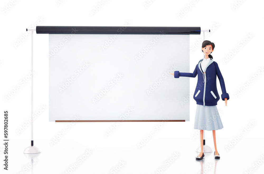 Young woman stays next to white screen, making presentation. Space for your information. 3D rendering illustration Young woman stays next to white screen, making presentation. Space for your information. 3D rendering illustration