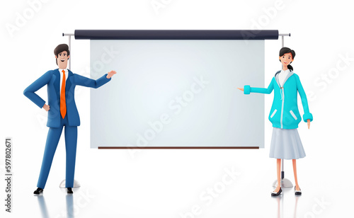 Young woman stays next to white screen, making presentation. Space for your information. 3D rendering illustration