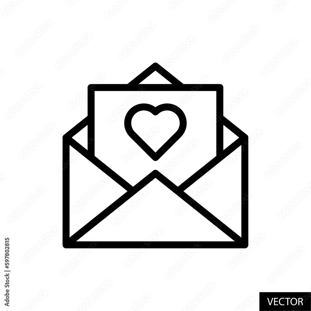 Love letter, envelope with heart shape, mail symbol vector icon in line style design for website, app, UI, isolated on white background. Editable stroke. Vector illustration. Love letter, envelope with heart shape, mail symbol vector icon in line style design for website, app, UI, isolated on white background. Editable stroke. Vector illustration.