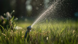 Water spraying from hose on green grass outdoors, generative ai