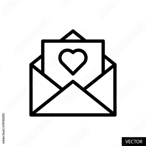 Love letter, envelope with heart shape, mail symbol vector icon in line style design for website, app, UI, isolated on white background. Editable stroke. Vector illustration.