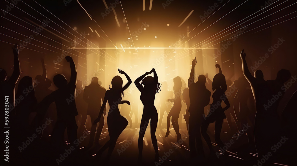 Young happy people are dancing in club. Nightlife and disco concept, generative ai Young happy people are dancing in club. Nightlife and disco concept, generative ai