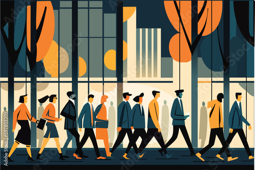 People going at work in the city. Office workers walking  on city street, business concept illustration 