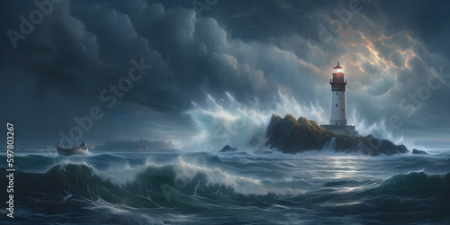 lighthouse during storm, harbor landscape with storm and lightning, wallpaper. Ai Generated