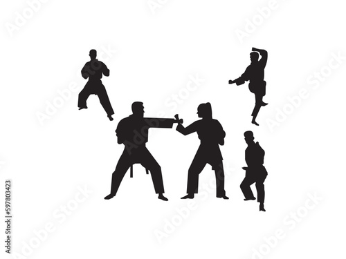  Karate player silhouette vector. Karate silhouettes. Karate taekwondo kung fu silhouette kick and technic vector illustration.
