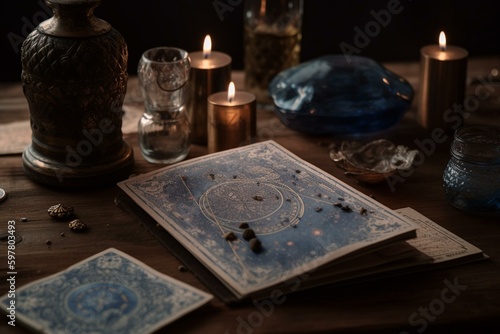 Blue tarot deck on white stars, divination esoteric concept. Generative AI