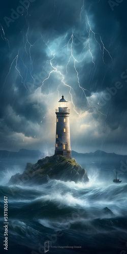 lighthouse during storm, harbor landscape with storm and lightning, wallpaper. Ai Generated