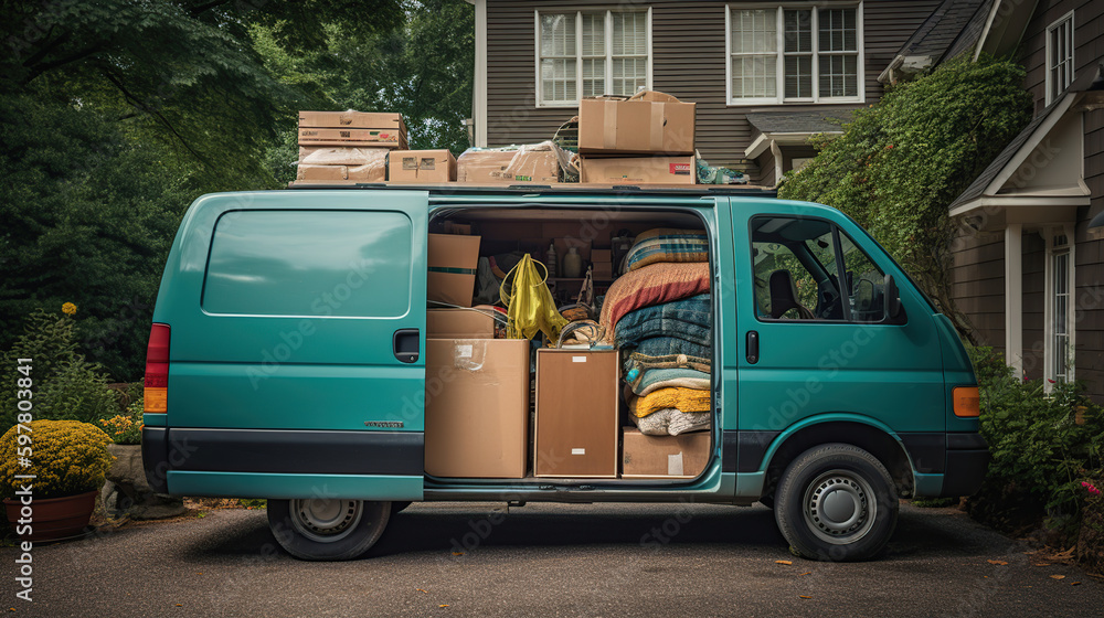 Van full of boxes and furniture near a house outdoors. Concept of moving to a new home and delivery, generative ai