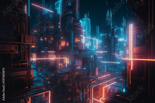 A glitchy, neon cyberpunk fractal background. Generative AI
