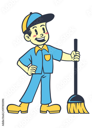 Mascot Character of Cleaner Worker in Retro Vintage Style