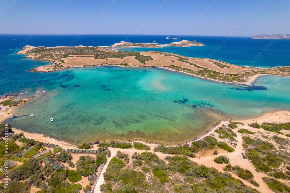 Aerial view of the amazing colorful turquise  waters  of  Antiparos island, cyclades  Greece.