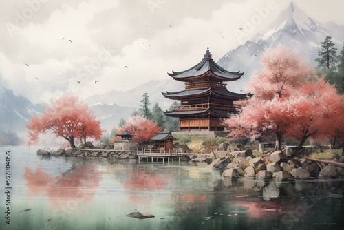 Watercolor painting of a beautiful traditional Japanese building by a lake and mountains  adorned with a sakura tree. Generative AI