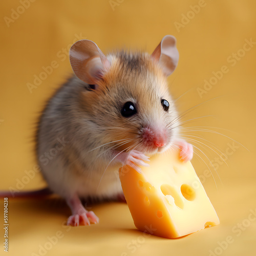 Close up on little mouse and cheese created with Generative AI technology.