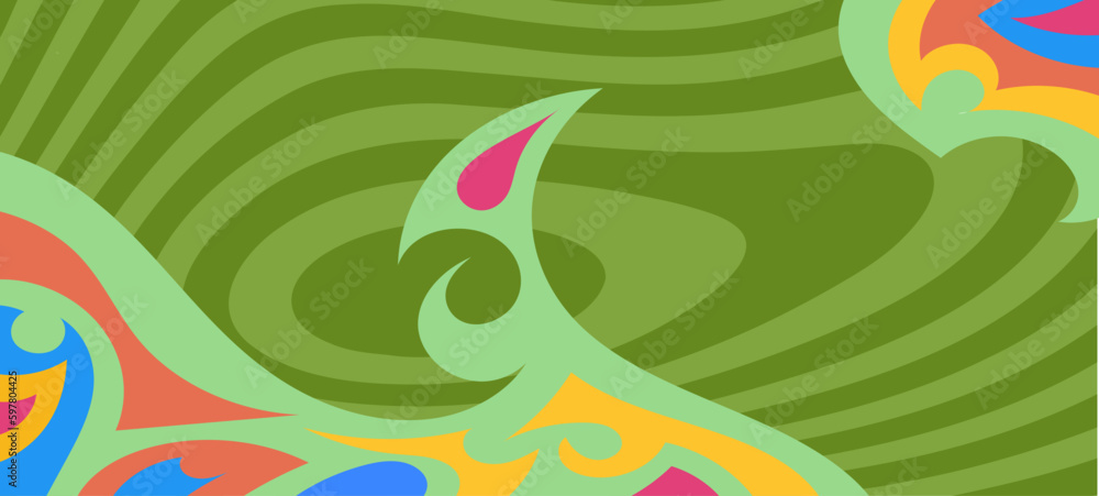 Abstract background with curly swirl decorative ornament on curvy stripes background.