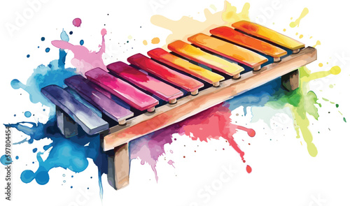 water Colored Wooden Toy 8 tone Xylophone glockenspiel isolated on white background with clipping path. toy glockenspiel made of metal and wood. Music, vibrant. Rhythm, listen. Copyspace