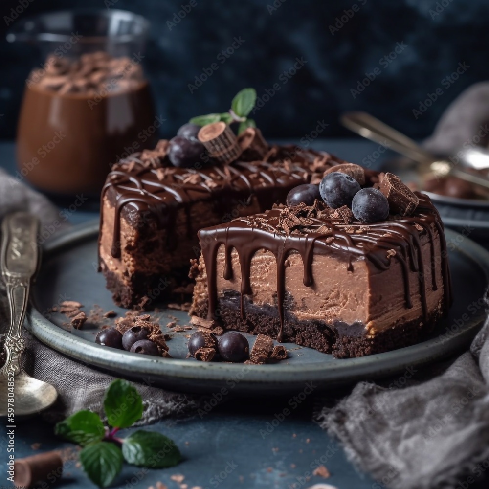 Chocolate cheesecake decorated with berries, fruits, nuts and chocolate icing. Generative AI. Chocolate cheesecake decorated with berries, fruits, nuts and chocolate icing. Generative AI.