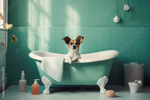 Jack Russell dog sitting in the bathtub. Puppy taking shower at home. Pet spa procedures. Generative AI