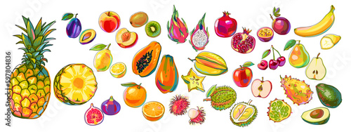 Set of colorful fruits. Pineapple, lemon, orange, fig, peach, papaya, pear, banana, plum, kiwi, rambutan, kiwano, passion fruit, avocado, cherry and others. Cartoon style isolated on white. Vector.