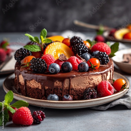 Chocolate cheesecake decorated with berries  fruits  nuts and chocolate icing. Generative AI.