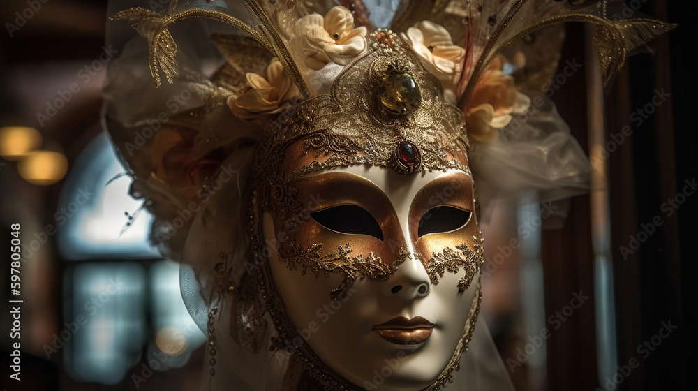 Beautiful venetian theatre mask with gold decorations isolated, generative ai