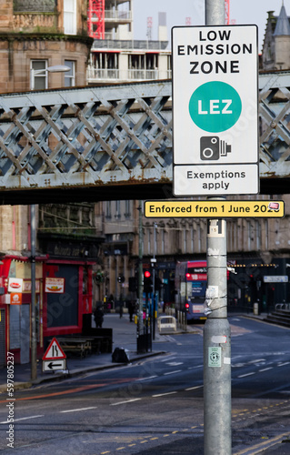 Low emission zone sign in city centre of Glasgow being enforced for all vehicles photo