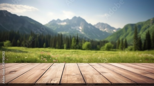 Empty wooden table for product display background, banner and product advertisement mock up with beautiful mountains behind, AI generated