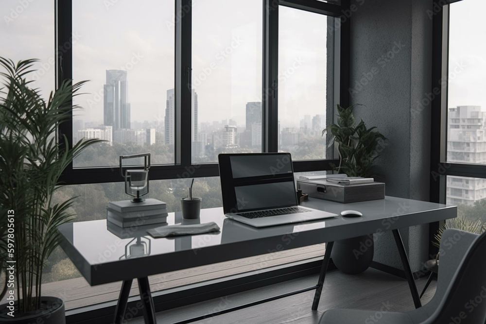 A grey office with laptop and panoramic window, featuring a mockup frame. Generative AI