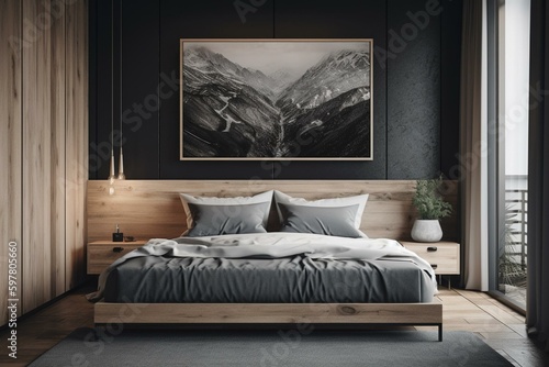 Minimalist black poster frame with wooden frame and paintings on bedroom wall in modern interior. 3D concept. Generative AI