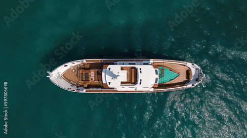 Aerial drone top down photo of luxury yacht nose with wooden deck anchored in paradise exotic turquoise island bay, generative ai © Gasspoll