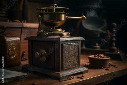 An antique device for grinding coffee beans into grounds. Generative AI © Kael