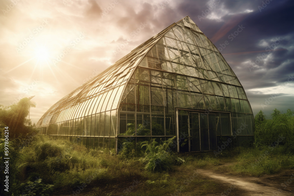 Plants in greenhouse. Growing organic products in modern greenhouse. Created with Generative AI Plants in greenhouse. Growing organic products in modern greenhouse. Created with Generative AI