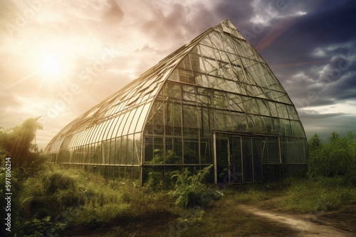 Plants in greenhouse. Growing organic products in modern greenhouse. Created with Generative AI