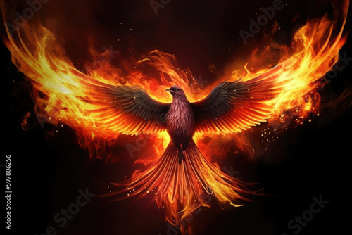 Phoenix rising from ash. Bird in fire. Symbol of rebirth. Created with Generative AI
