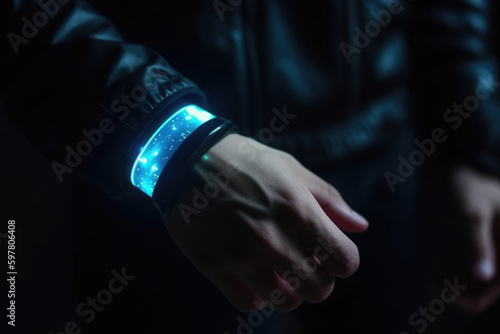 Futuristic smart device with glowing hologram display on human hand. Virtual reality technology in real life. Created with Generative AI © Lazy_Bear