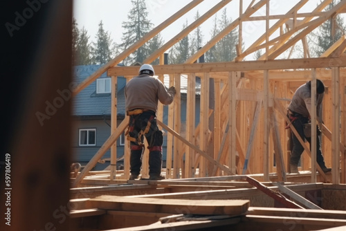 New house under construction. Builder worker at construction site with wooden frame with truss  post and beams. Manufacture of houses made of wood. Created with Generative AI
