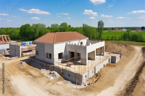 Wallpaper Mural Building private country house. Suburb house construction. New home under construction. Created with Generative AI Torontodigital.ca